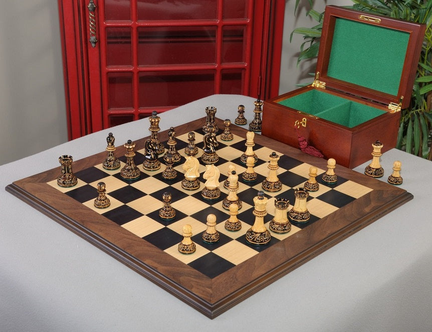 Staunton Burnt Dubrovnik Chess Set, Box, & Board Combination - Burnt Boxwood