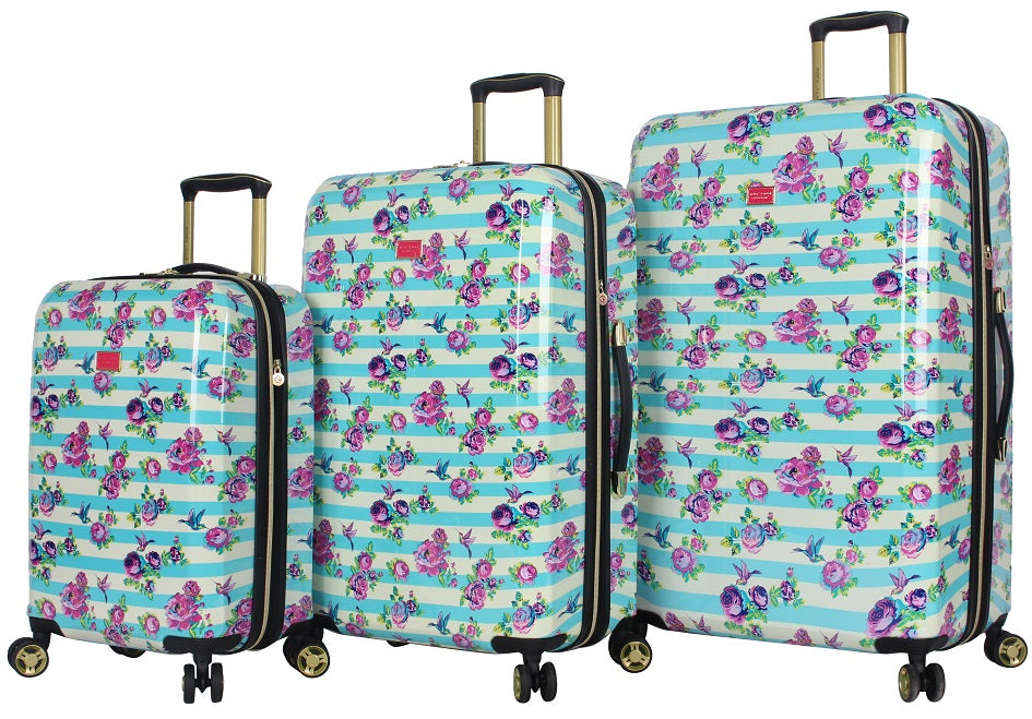 Betsey Johnson Stripe Floral Hummingbird 3-Piece Luggage Set