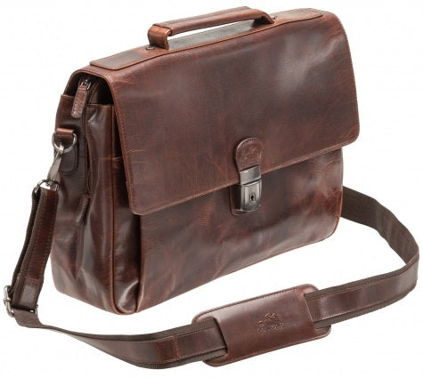 Mancini Buffalo Leather Triple Compartment Laptop Briefcase in Brown