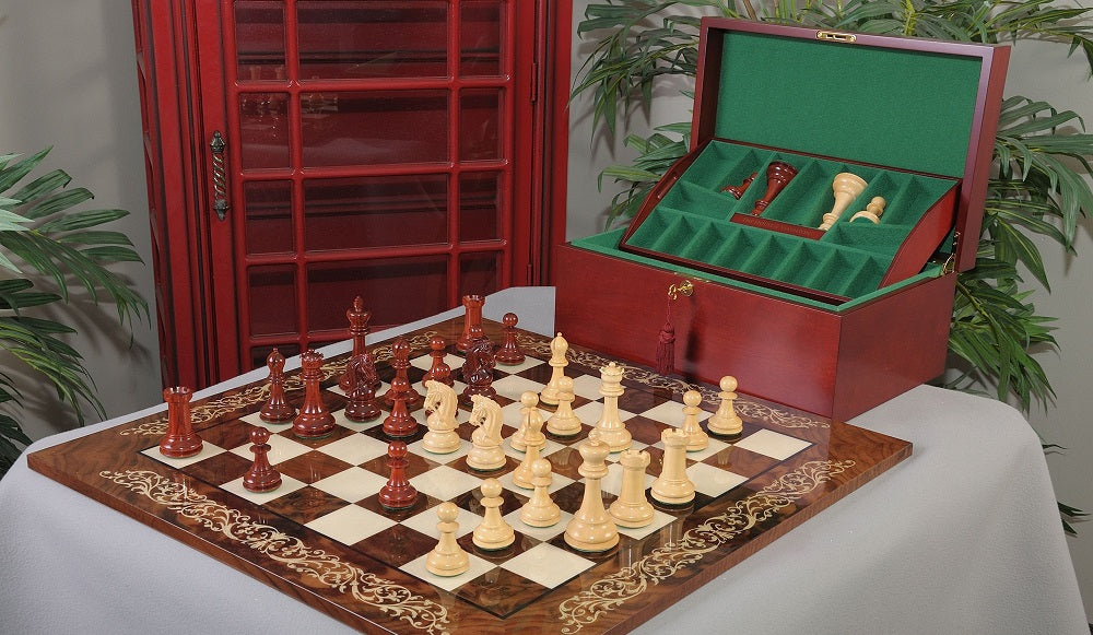 Staunton Sultan Chess Set, Box and Board Combination - Blood Rosewood