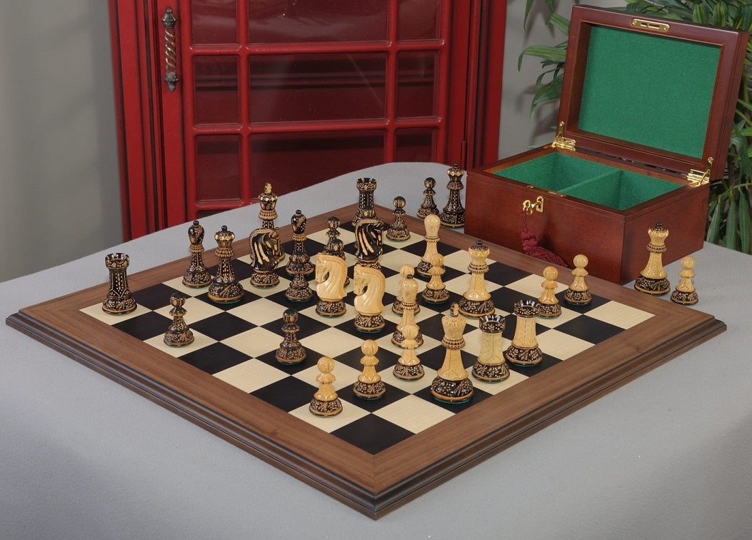 Staunton Burnt Zagreb '59 Chess Set, Box and Board Combination - Burnt Boxwood